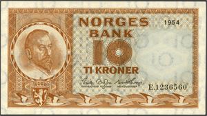 10 kroner 1954, serie E.1236560. 01