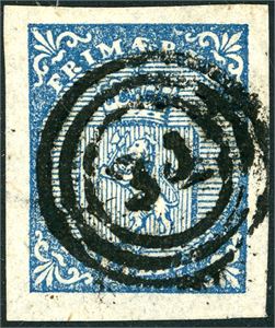 1. 4 skilling våpen 1855, anert med nummerstempel "34" (Brandesund, HO, 10 pkt). Gode marger.