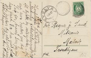 IV-812 - SAND I HADSEL (NO / 9), svake stempelavtrykk på postkort (blomsterkort) til Malvik, sidestemplet Svolvær SL -2 IX 17.