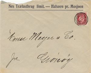IV-831 - HALSØY I VEFSN (NO / UKJENT), på udatert skadet konv. med firmalogo "Næs Trælastbrug limit - Halsøen pr. Mosjøen", sendt til Grønøy.