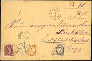 22,23,30. 54 øres porto til Sverige. 1 øre-, 3 øre- og 50 øre skravert Posthorn på bankokonvolutt (Kr 20,-) til Lilla Hästre, stemplet "Riisøer 3.10.1877". Ankomststempel "Gislaved 9.10.1877" ved siden. To segl som har vært på baksiden er fjernet.