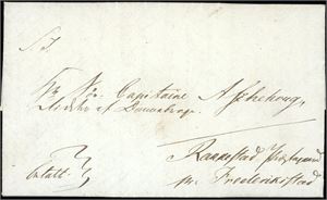 Komplett betalt brev, datert "Arendal 20th August 1840" og sendt til Frederikstad. Håndskrevet "Arendal 21 August" på baksiden.