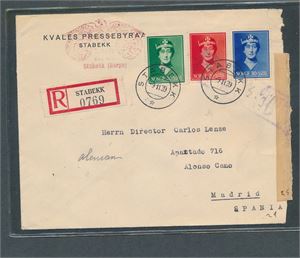 Rekbrev med Nk 225 og 227-8 stemplet "STABEKK 9 11 39" til Madrid, Spania. Spansk militær sensur