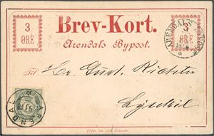 52,Arendal Bypost BK 1. 3 øres Brev-Kort, stemplet "Arendals Bypost 4.1.1888" og ved siden påsatt en 5 øre 20 mm som er stemplet "Arendal 5.1.88" og sendt til Lysekil, Sverige. Svensk jernbanestempel på baksiden.