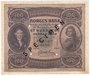 100 kroner 1945 C.6440576 Specimen. Kv.1+