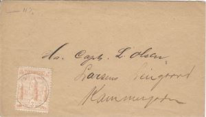 Tønsberg Bypost nr 12.  3 øre brun på konvolutt annulert med torings datostempel "Tønsberg Bypost"  i svart.   Attest NF:  ""Bypostmerket og stempelet er ekte".