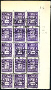 P 17. 200 øre "å betale" i 15-blokk fra øvre, høyre hjørne av arket, der merke nr 28 i arket har variant "Delvis stående vannmerke". Uttalelse Enger.