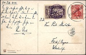 Spitsbergen E 26. Et tysk 10 pfg Germania på postkort, stemplet "Polarfahrt 5.8.14" og ved siden en 10 øre Spitsbergen-etikett, stemplet "Magdelena Bay Spitzbergen 30 Juli 1914" i lilla.