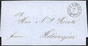 Komplett, betalt brev stemplet "Ôster Riisöer 10.8.1849" i svart og sendt til Helsingør, Danmark.