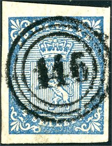 1. 4 skilling våpen 1855, anert med nummerstempel "145" (Karasjok FI, 10 pkt). Svakt spor av vertikal brekk i høyre side. Tre gode marger, normal i høyre side.
