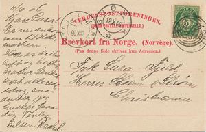 IV-633 - MENGSHOEL (HE / 10) på postkort sidestemplet Gjøvik IIL 12 X 06, også stemplet Kristiania TUR 18 X 06. Påskrevet "Adr. Mengshoel pr. Gjøvik" på bildesiden. Kortets motiv er fra Løken, Valders.