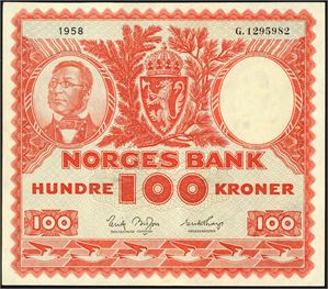 100 kroner 1958, serie G.1295982. Litt bølgete. 01