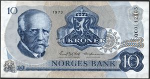 10 kroner 1973, serie QC 0112803. Erstatningsseddel. 0/01