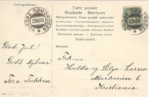 Nordre Rømskogen 23-XII-05 (Øf, 6pkt) Nydelig med to krystallklare avtrykk på Otto Valstad postkort til Kristiania.