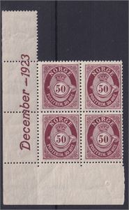 NK 108 ** 4-blokk nedre venstre marg (med dato December 1923)   (Verdi 5200.-)