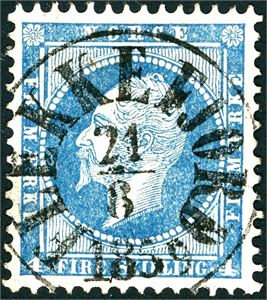 4. 4 skilling Oscar, rettvendt stemplet "Flekkefjord 21.6.1859".