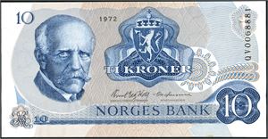 10 kroner 1972, serie QV 0068881. Erstatningsseddel. 0