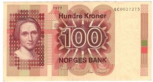 100 kroner 1977 QC. Erstatningsseddel. Kv.1+