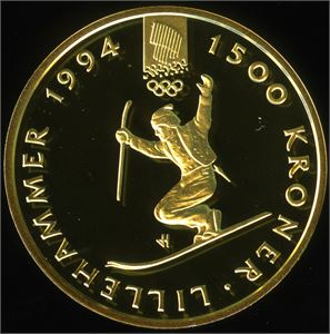 1500 kroner OL 1994 i gull. Mynt nr 3 1993, Telemarkskjører. (16.96/.917). 0