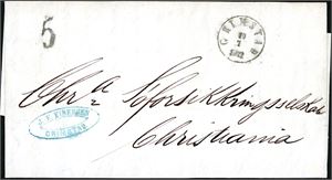 Komplett utbetalt brev, stemplet "Grimstad 10.7.1872" og sendt til Christiania. Påstemplet stort portotall "5".