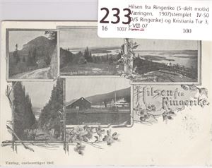 Hilsen fra Ringerike (5-delt motiv) (Væringen, 1907)stemplet IV-50 (D/S Ringerike) og Kristiania Tur 3, 5-VIII-07