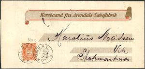 51 IIb. 3 øre 20 mm på dekorativ Korsbaand, stemplet "Arendal 14.2.89".