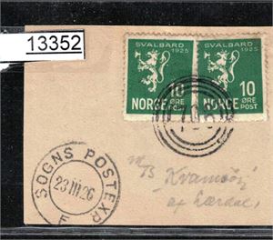 SOGN OG FJORDANE Klipp  med 4-rings "706" (M/b Kvamsøy) sidestemplet "SOGNS POSTEXP F 23 III 26"