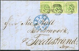 5. 24 skillings postage to Norway. 8 skilling 1865 in a vertical strip of three on cover to Tvedestrand in 1865, cancelled with number "51" and "Odense 21.3" cds at side. The stamps have margins at all sides, but a small cut between each stamp. A rare postroute because the Ice situation between Funen and Sealand from the 6th. of February to  the end of April in 1865. Cert. L. Nielsen and C.Aa. Møller.