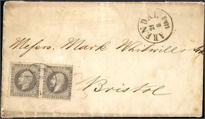 3. 6 skillings porto til England. 3 skilling Oscar i horisontalt par på komplett trykksak til Bristol, stemplet "Arendal 11.8.1863". "KDOPA Hamburg" og ankomststempel "Bristol Au 26 63" på baksiden.