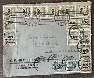REICH-INFLASJONSBREV Brev til Kristiania med porto 380 milliarder Mark stemplet "HAMBURG 1.12.23". 2 avrevne merker. Siste portoperiode, muligens bare denne ene dagen!
