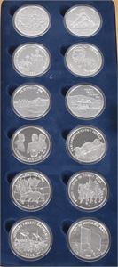 Sølv NORGES SØLVSKATT.samling med 12 stk. medaljer med forskjellige motiver relatert til norsk historie, hver mynt er 33,63 gram .925 sølv.