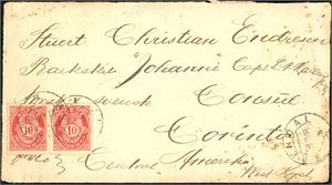 57. 20 øres porto til Mellom-Amerika. To 10 øre fintagget Centraltrykkeriet på konvolutt til Nicaragua, stemplet "Arendal 21.3.96". Baksiden med transittstempel "New York Apr 2 96" samt dekorativt ankomststempel  "May 15 1896".