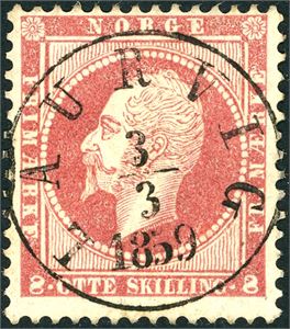 5. 8 skilling Oscar, nær rettvendt, fullstemplet "Laurvig 3.3.1859".