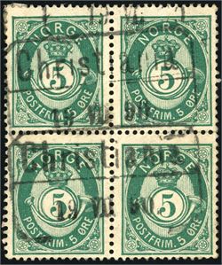 52 IIa. 5 øre 20 mm i smaragdgrønn farge i fireblokk, stemplet Christiania 19.7.90". Type 4-3/2-1. Pos V 74-75/V 84-85.