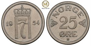 25 øre 1954 Haakon VII. Prakt eksemplar