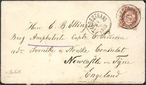 39. 20 øre brun på konvolutt, stemplet "Tvedestrand 24.3.1883" og sendt til England. Ankomststemplet "Newcastle on Tyne Mr 30 83" på baksiden.