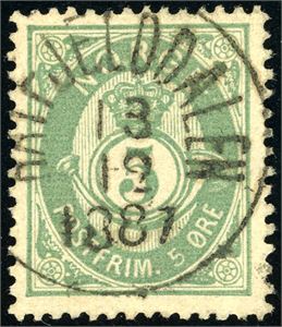 52 I. 5 øre 20 mm, rettvendt fullstemplet "Hatfjelddalen 13.12.1887".