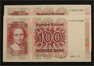 100 kroner 1985 Norge 0 4106252386/87, 2 stk