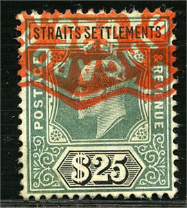 Br. Kolonier STRAITS SETTLEMENTS 139. $25 fiscal with red cancel. Good cond. (£3250 as postally used)