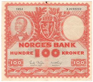 100 kroner 1954 Z.0192222. Erstatningsseddel. 44b. R-seddel. Kv.1