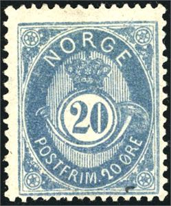 40 II byX. 20 øre blå 1883. Attest Enger. (11.000,-).