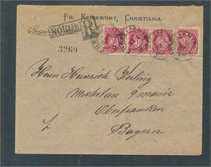Nk 68 x 4 på rekbrev til Tyskland stemplet "CHRISTIANIA 28 X 96"