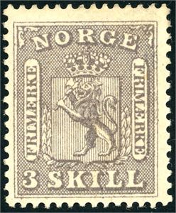 7. 3 skilling 1863. God farge og med lim på stor del av merket. Attest FCM. (4.800,-).