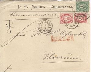 NK 16 og 18 1x 1 skill og 2x 3skill på Rekomandert brev st. Christiania 24/7-1876, sendt til Elverum.  Litt krøllet i overkant.