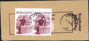 992. Kr 2,50 Håndverker variant "Sterkt feilperforert" i horisontalt par på lite brevstykke, stemplet "Leksvik 1.8.84".