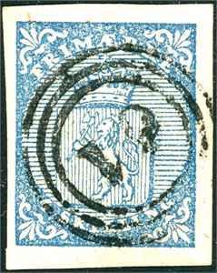 1. 4 skilling våpen 1855, anert med nummerstempel "61" (Evje, AA, 10 pkt). Tre gode- og en litt smal marg. Attest Aune og Enger.