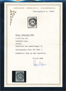 Nk 1 o. Omvendt fullstemplet "14" (Arendal type 1). Normale marger, attest Lasse Nielsen 1984