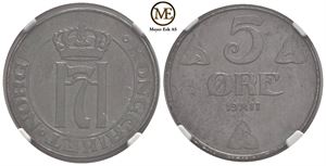 5 øre 1917 Haakon VII. Gradert til MS62 hos NGC. Kv.0/01