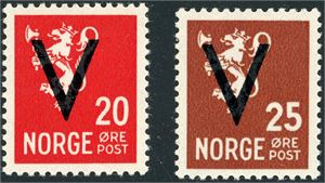 205,206. 20 øre- og 25 Løve med vannmerke og med V-overtrykk. Attest I. I. Jacobsen.