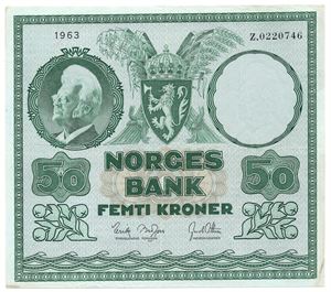 50 kroner 1963 Z.0220746. Erstatningsseddel. R-seddel. Kv.1+/01